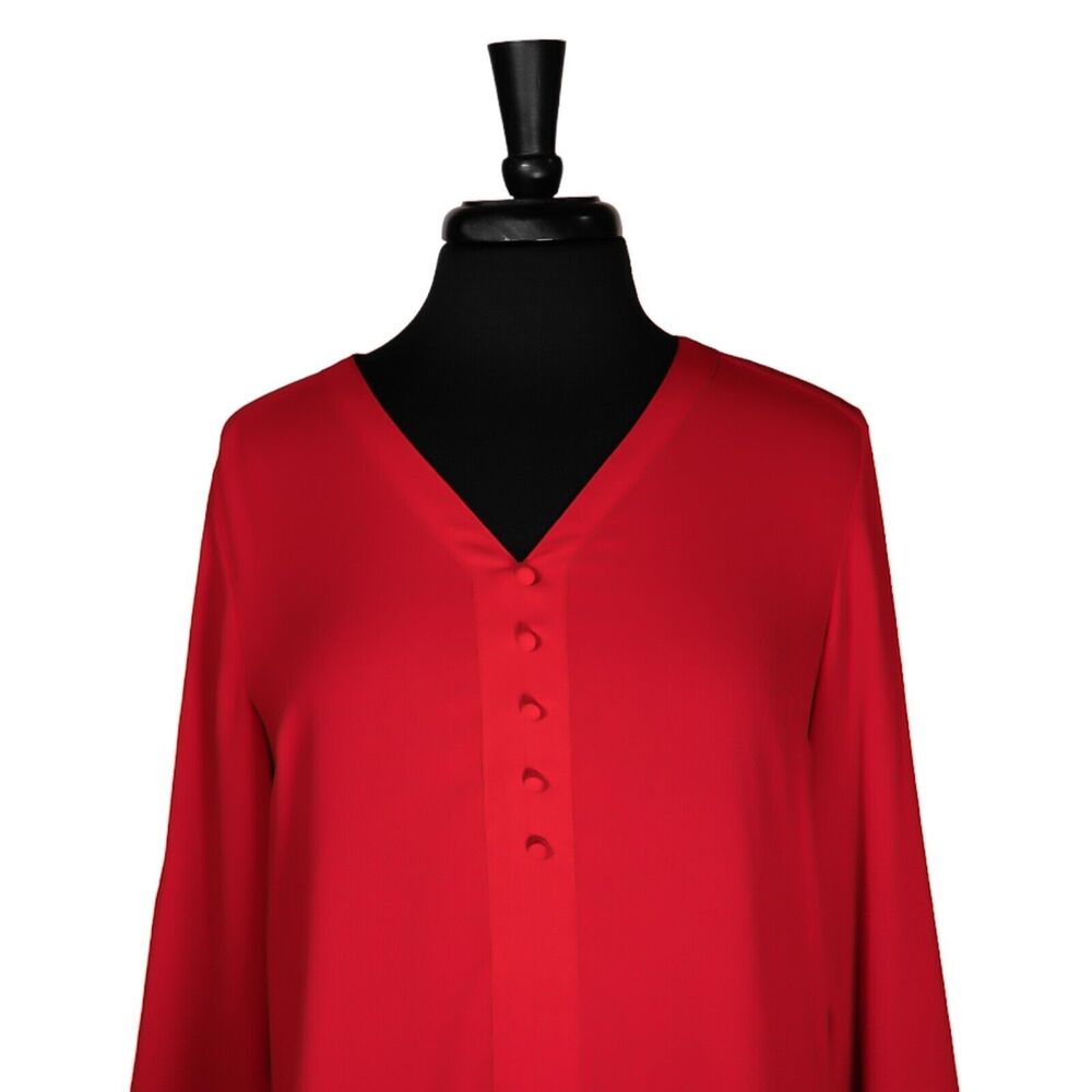 Express Women's Blouse Red V-Neck Roll Tab Long Sleeve Half Button Shirt Top M - Picture 5 of 10